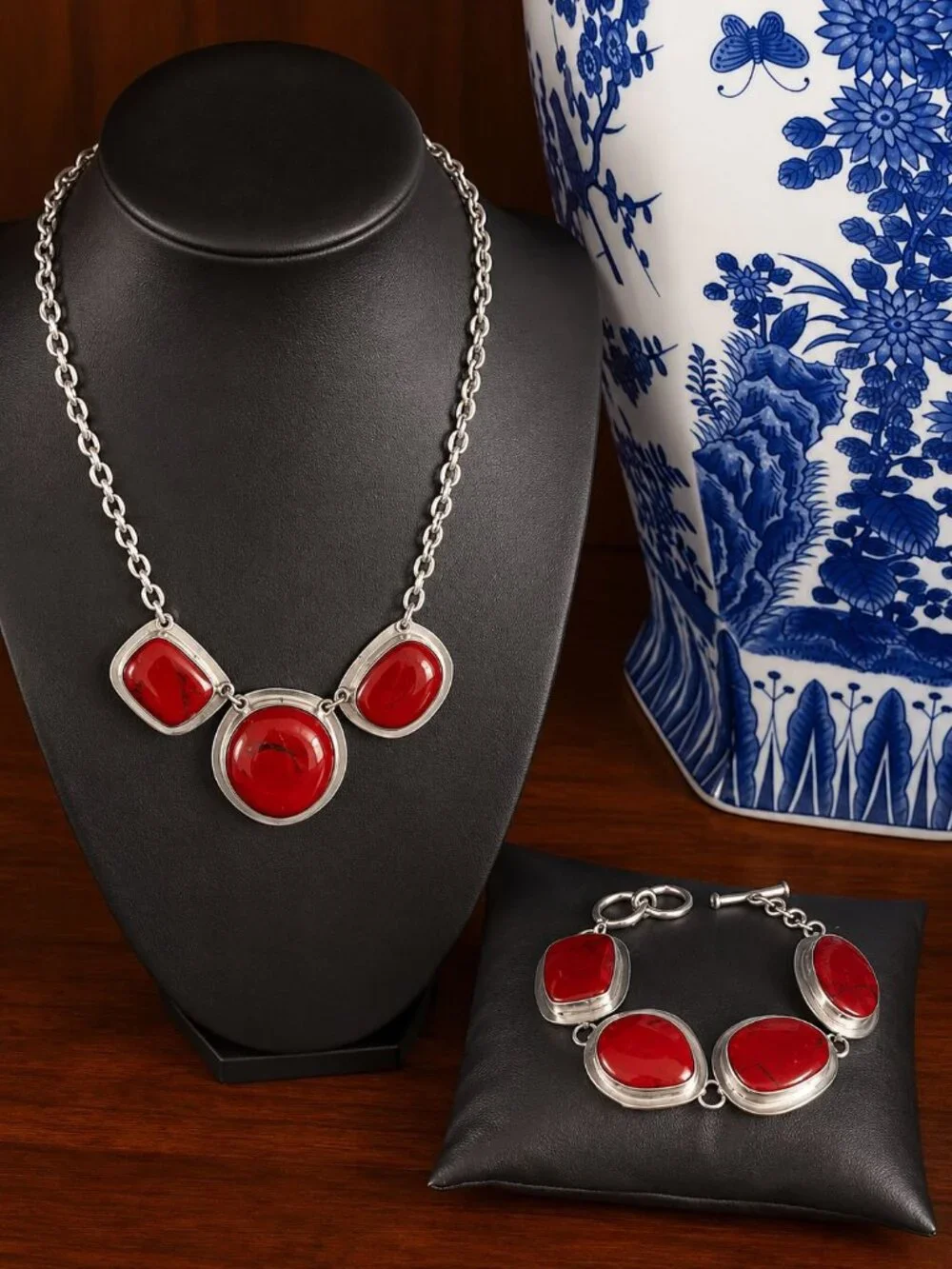 Vintage Taxco Mexico Sterling Silver Red Jasper Necklace & Bracelet Set 99g